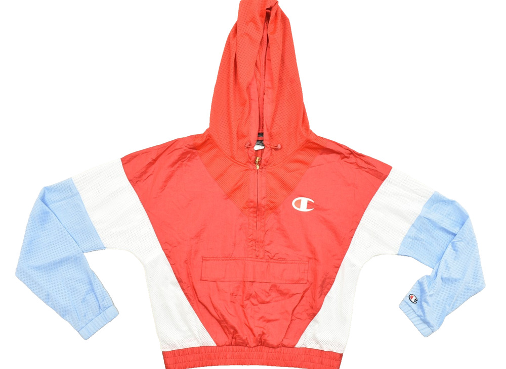 Champion Windbreaker Hooded Anorak Jacket Women's Small Red White Blue Mesh Trim